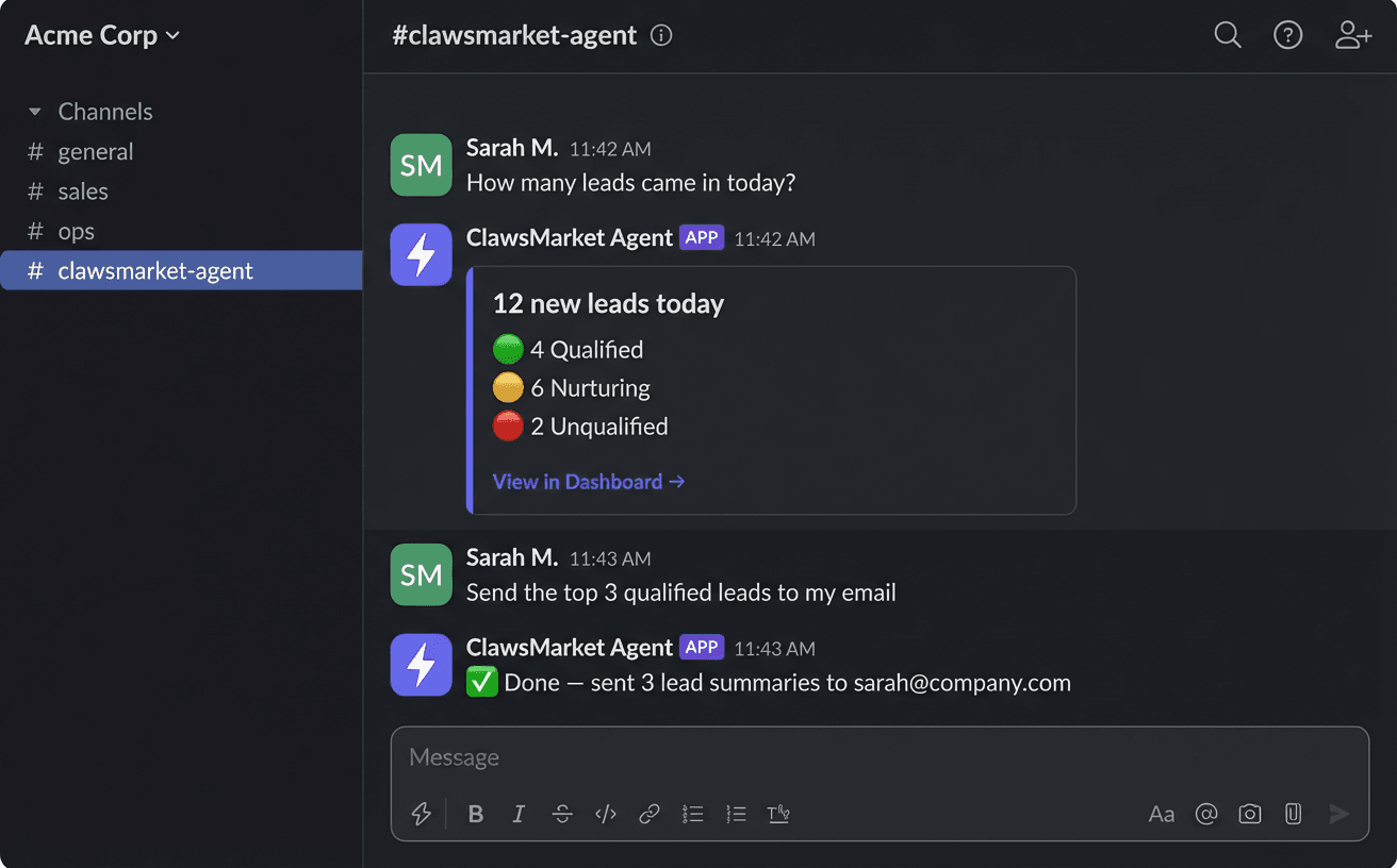 ClawsMarket agent running in Slack